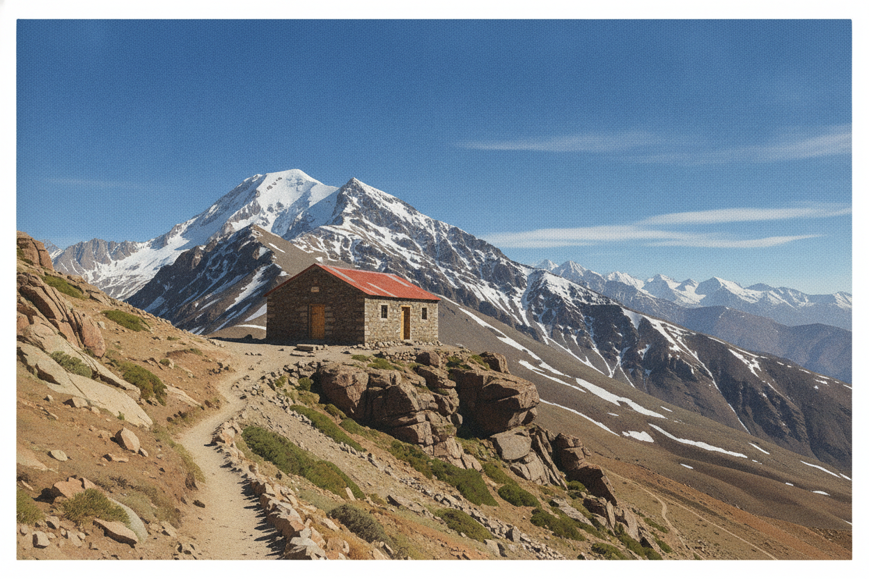 High Atlas mountain refuge below rocky Mount Toubkal ridges on the route from Imlil