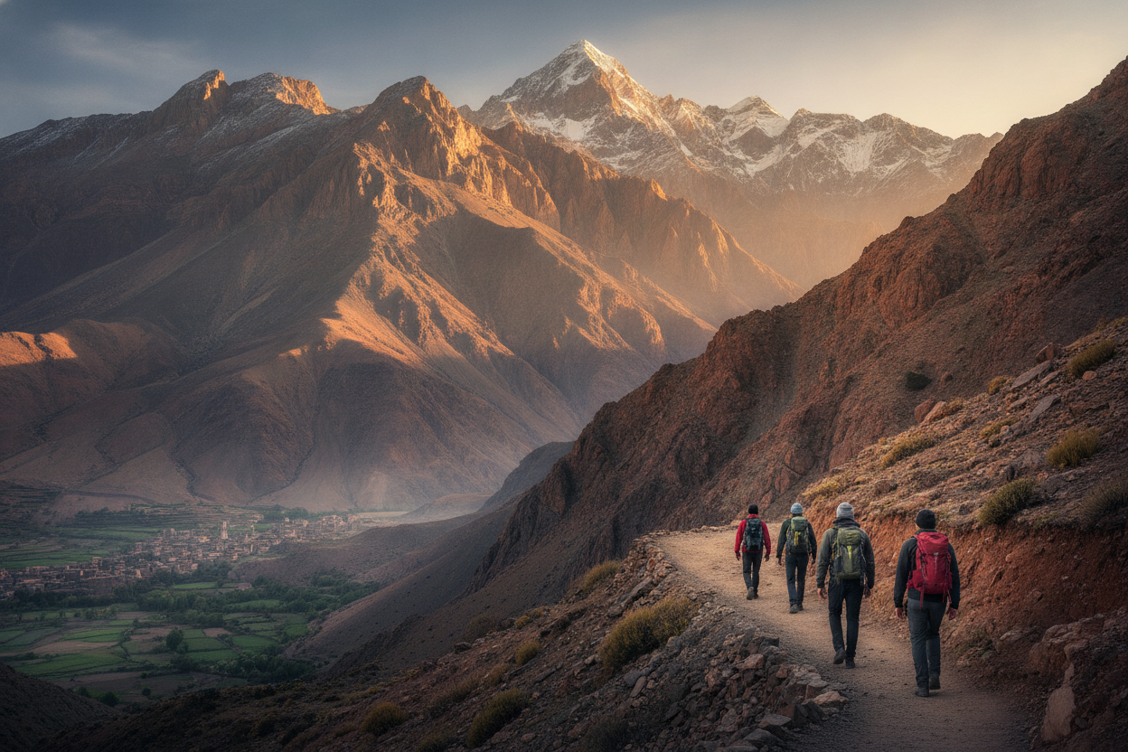 Hikers following a rocky High Atlas trail above Imlil at sunrise on a Mount Toubkal trek